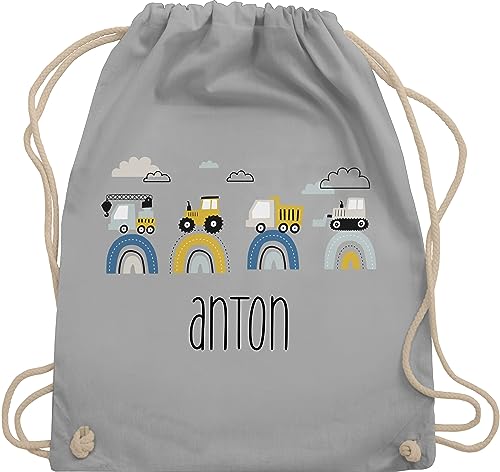 Turnbeutel Rucksack - Baustelle Traktor Bagger Kran Kipper LKW Planierraupe - Unisize - Hellgrau - sport beutel stoffbeutel kindergarten personalisierte kinder rucksäcke traktorfans turnsack junge von Geschenk mit Namen personalisiert by Shirtracer