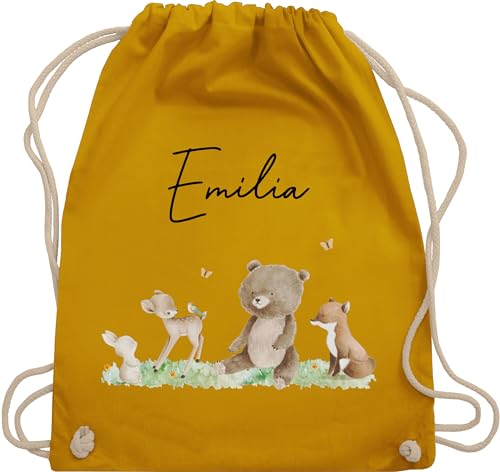 Turnbeutel Rucksack - Waldtiere Tiere Wald Tier Hase Reh Bär Fuchs - Unisize - Senfgelb - kindergarten beutel name personalisierter stoffbeutel kinder personalisierte geschenke turnsackerl von Geschenk mit Namen personalisiert by Shirtracer