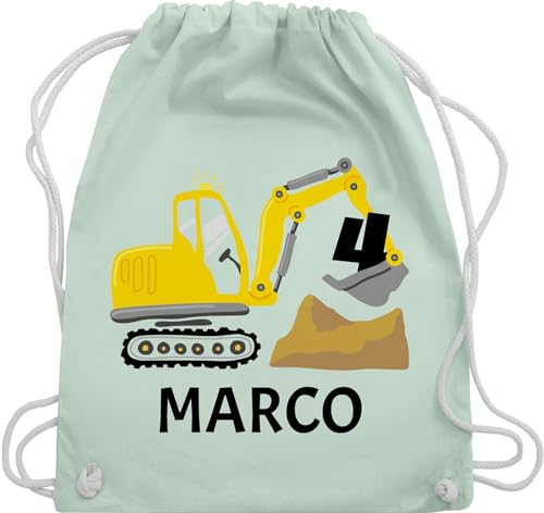 Turnbeutel Rucksack - 4. Geburtstag - Bagger Name zum Vierten - Unisize - Pastell Grün - beutel kinder 4 jahre bag baumwollbeutel stoffbeutel sportrucksack kinderturnbeutel tasche stofftasche von Geschenk mit Namen personalisiert by Shirtracer