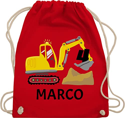 Turnbeutel Rucksack - 4. Geburtstag - Bagger Name zum Vierten - Unisize - Rot - kindergarten kinder 4 jahre 4.geburtstag beutel stoffbeutel sportbeutel turnsackerl kinderturnbeutel stoffsackerl von Geschenk mit Namen personalisiert by Shirtracer