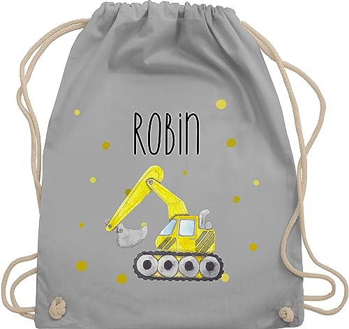 Turnbeutel Rucksack - Bagger Baumaschine Baufahrzeug Bagger-Fan Baustellenfahrzeug - Unisize - Hellgrau - junge sportbeutel kita baggerfahrer baustellenfahrzeuge beutel kinder von Geschenk mit Namen personalisiert by Shirtracer