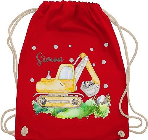 Turnbeutel Rucksack - Bagger Baggerfahrer Geschenk - Unisize - Rot - tasche für kita kindergartentasche jungen fahrzeuge stoffbeutel personalisierter beutel kinder kindergarten name von Geschenk mit Namen personalisiert by Shirtracer