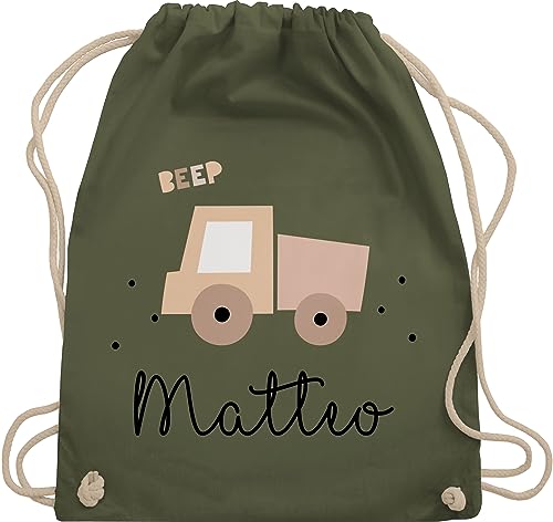 Turnbeutel Rucksack - Bagger - Süßes Baustellenfahrzeug Baustelle Kipper LKW - Unisize - Olivgrün - baumwolle kindergarten stoff personalisierter kinder sportbeutel kita baufahrzeug stoffbeutel von Geschenk mit Namen personalisiert by Shirtracer