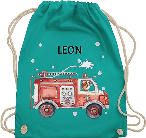 Turnbeutel Rucksack - Feuerwehr Auto Feuerwehrauto 112 Fire Truck Löschfahrzeug - Unisize - Türkis - kita beutel jungs tasche kindergarten sportbeutel für einschulung von Geschenk mit Namen personalisiert by Shirtracer