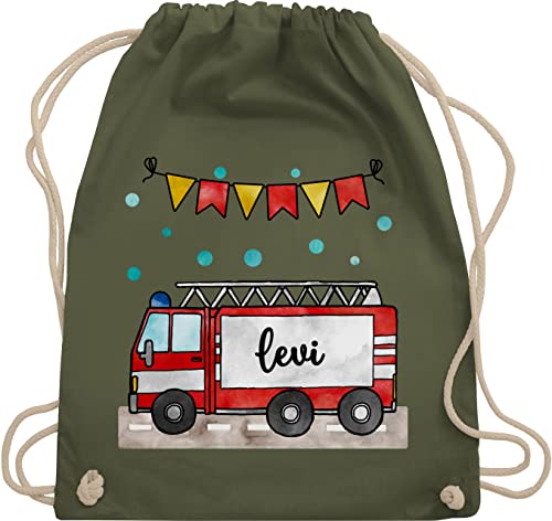 Turnbeutel Rucksack - Feuerwehr - Feuerwehrauto - Geschenk - Unisize - Olivgrün - kindergarten beutel feuerwehrmann stoff jungen wechselsachen tasche kita baumwolle kindergartentasche kordel von Geschenk mit Namen personalisiert by Shirtracer