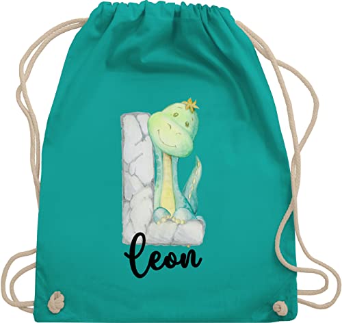 Turnbeutel Rucksack - Initialen - Dinos Dinosaurier Dino Buchstabe - Unisize - Türkis - namenstag stoff sportbeutel mädchen kindergarten personalised gifts baumwoll tasche für kita von Geschenk mit Namen personalisiert by Shirtracer