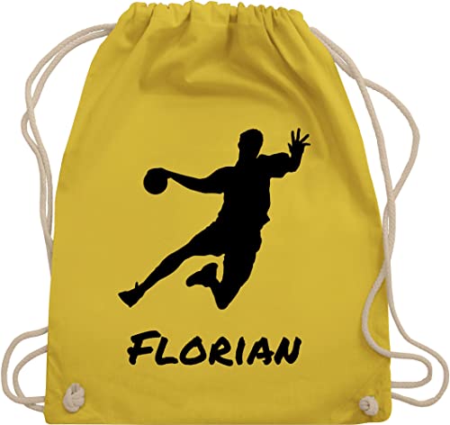 Turnbeutel Rucksack - Geschenke Handball Zubehör - Handballer Silhouette mit Name - Unisize - Gelb - turnen tasche stoffbeutel kordelzug beutel für personalisiertes sporttasche stofftasche von Geschenk mit Namen personalisiert by Shirtracer