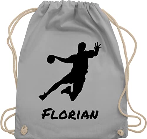 Turnbeutel Rucksack - Geschenke Handball Zubehör - Handballer Silhouette mit Name - Unisize - Hellgrau - turn tasche turnen beutel baumwolle kordelzug stoff für personalisiertes rucksäcke von Geschenk mit Namen personalisiert by Shirtracer