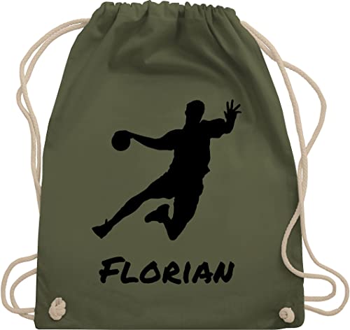 Turnbeutel Rucksack - Geschenke Handball Zubehör - Handballer Silhouette mit Name - Unisize - Olivgrün - turnen beutel tasche stoffsackerl sporttasche turnsackerl rucksackbeuteltasche stoffbeutel von Geschenk mit Namen personalisiert by Shirtracer