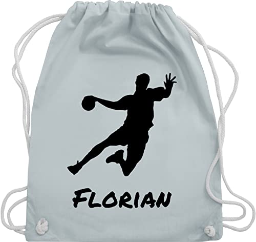 Turnbeutel Rucksack - Geschenke Handball Zubehör - Handballer Silhouette mit Name - Unisize - Pastell Blau - personalisiertes beutel kordelzug tasche turnsack turnsackerl stoffbeutel rucksäcke von Geschenk mit Namen personalisiert by Shirtracer