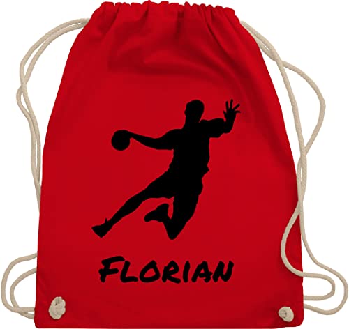 Turnbeutel Rucksack - Geschenke Handball Zubehör - Handballer Silhouette mit Name - Unisize - Rot - für tasche personalisiertes beutel turnsack stoffbeutel baumwollrucksack beuteltasche von Geschenk mit Namen personalisiert by Shirtracer