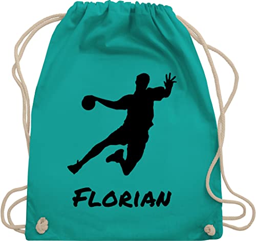 Turnbeutel Rucksack - Geschenke Handball Zubehör - Handballer Silhouette mit Name - Unisize - Türkis - turn tasche turnen beutel kordelzug stoffbeutel baumwolle baumwoll für personalisiertes von Geschenk mit Namen personalisiert by Shirtracer