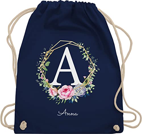 Turnbeutel Rucksack - Initialen - Personalisierte Geschenke Frauen I Geschenkideen Mädchen mit Namen I Geschenke Freundin - Unisize - Navy Blau - schulkind beutel buchstaben blumenkranz sportbeutel von Geschenk mit Namen personalisiert by Shirtracer