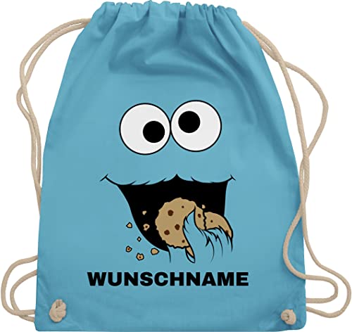 Turnbeutel Rucksack - Karneval Accessoire Fasching - Keks Monster Kostüm mit Name I Krümelmonster I Cookie Monster I Keksmonster - Unisize - Hellblau - monsterbeutel karnevals kekse beutel von Geschenk mit Namen personalisiert by Shirtracer