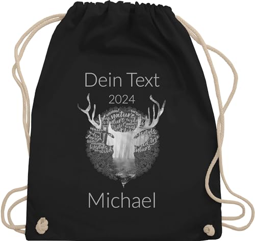 Turnbeutel Rucksack - Kompatibel Oktoberfest - Tag Cloud - Hirsch und Name in Silbergrau - Unisize - Schwarz - oktoberfest-tasche trachten beutel trachtenrucksack bayrisch beutelrucksäcke von Geschenk mit Namen personalisiert by Shirtracer