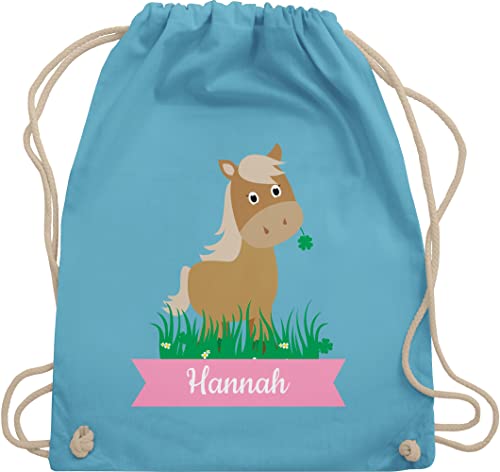 Turnbeutel Rucksack - Pferde - Süßes Pferd mit Name - Unisize - Hellblau - pferdesport tasche kindergarten personalisierter beutel wechselkleidung mädchen wunschtext pferdemotiv stoffrucksack von Geschenk mit Namen personalisiert by Shirtracer