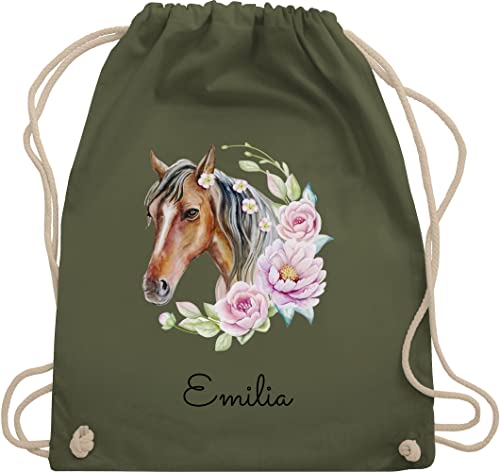 Turnbeutel Rucksack - Pferd Pferde - Wunschname Pferdekopf Name - Unisize - Olivgrün - pferdegeschenk für mädchen stoff sportbeutel kindergarten pferdeliebhaber personalisierbar baumwolle beutel von Geschenk mit Namen personalisiert by Shirtracer