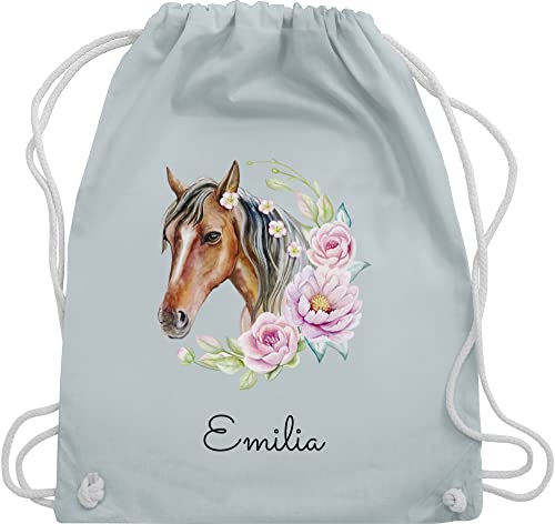 Turnbeutel Rucksack - Pferd Pferde - Wunschname Pferdekopf Name - Unisize - Pastell Blau - sportbeutel baumwolle beutel kindergarten mädchen coole sachen für pferdemädchen turntasche von Geschenk mit Namen personalisiert by Shirtracer