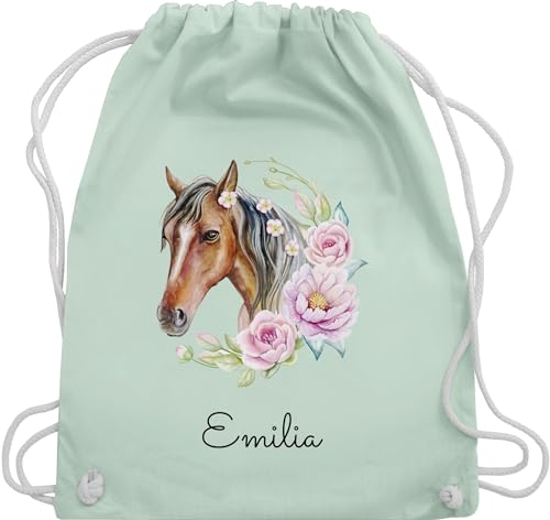 Turnbeutel Rucksack - Pferd Pferde - Wunschname Pferdekopf Name - Unisize - Pastell Grün - kindergarten beutel mädchen geschenke für reiterin turntasche sportbeutel reiterinnen taschen tasche von Geschenk mit Namen personalisiert by Shirtracer