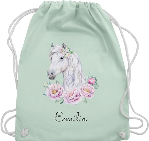 Turnbeutel Rucksack - Pferde - Pferdemotiv Pferdekopf Pferd Name - Unisize - Pastell Grün - turnen beutel turnsackerl mädchen kindergarten geschenke für reiterinnen selbst bedrucken stoffrucksack von Geschenk mit Namen personalisiert by Shirtracer