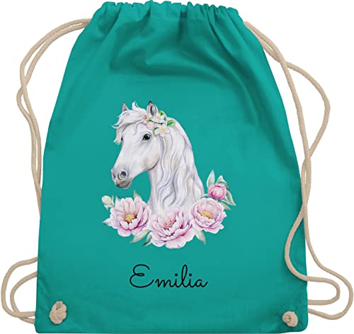 Turnbeutel Rucksack - Pferde - Pferdemotiv Pferdekopf Pferd Name - Unisize - Türkis - stoffbeutel kindergarten mädchen pferdeliebhaber personalisierbar gym bag zum reiten von Geschenk mit Namen personalisiert by Shirtracer