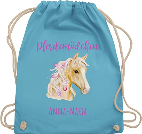 Turnbeutel Rucksack - Pferd - Pferdemädchen Wunschname - Pferde Geschenk Mädchen Personalisierte Geschenke Pferdemädchen Geschenke für Mädchen Reiten Sachen mit Namen - Unisize - Hellblau von Geschenk mit Namen personalisiert by Shirtracer