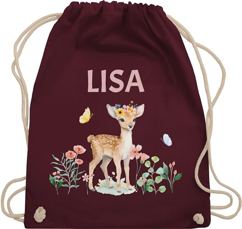 Turnbeutel Rucksack - Reh mit Name personalisiert I Rehkitz I Rehe - Unisize - Bordeauxrot - und kindergartenrucksack tier blumen beutel kinder+stoffbeutel+kindergarten tiere stoffbeutel von Geschenk mit Namen personalisiert by Shirtracer