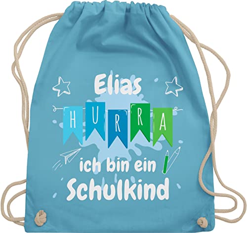 Turnbeutel Rucksack - Schulanfang Einschulung - Hurra ich bin ein Schulkind - Unisize - Hellblau - name baumwolle junge taschen schulstart personalisierte personalisierter sportbeutel 1 schultag von Geschenk mit Namen personalisiert by Shirtracer