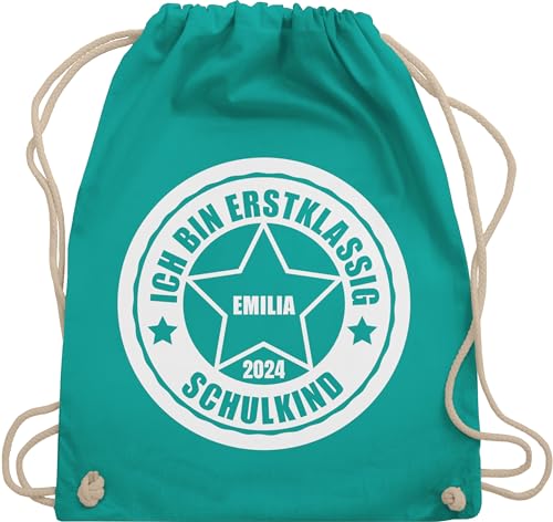 Turnbeutel Rucksack - Schulanfang Einschulung - Ich bin erstklassig 2024 - Unisize - Türkis - turnen beutel tasche für schulkind 1 schultag du bist taschen sporttasche erste klasse 1.schultag name von Geschenk mit Namen personalisiert by Shirtracer