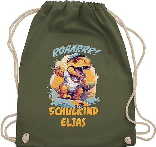 Turnbeutel Rucksack - Schulanfang Einschulung - Schulkind Dino Dinosaurier Skateboard - Unisize - Olivgrün - schule personalisierte junge 1.klasse geschenke mädchen schulgeschenke erster schultag von Geschenk mit Namen personalisiert by Shirtracer