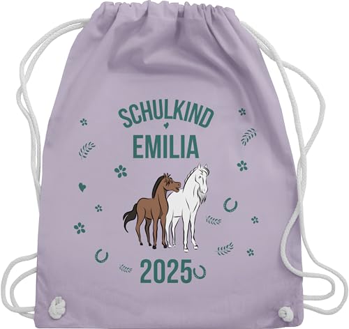 Turnbeutel Rucksack - Schulanfang Einschulung - Schulkind 2025 - Name und Pferde - Unisize - Pastell Lila - beutel schule erster schultag sportbeutel schulanfänger pferd stoffbeutel jungen von Geschenk mit Namen personalisiert by Shirtracer