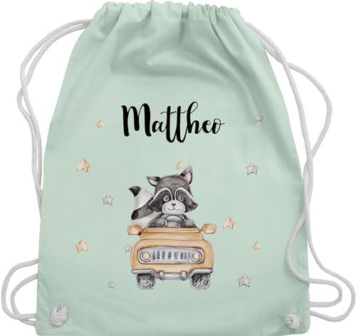 Turnbeutel Rucksack - Tiere - Süßer Waschbär Rennfahrer Motiv Baby - Unisize - Pastell Grün - wechselwäsche beutel tasche für kindergarten schlafbeutel kita personalisierte kinder rucksäcke von Geschenk mit Namen personalisiert by Shirtracer