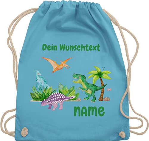 Turnbeutel Rucksack - Tiere - Dino Dinos Dinosaurier - Unisize - Hellblau - dinosaurier-rucksack personalisierte kindergarten beutel tier name stoffbeutel kinder wäschebeutel kita tieren von Geschenk mit Namen personalisiert by Shirtracer