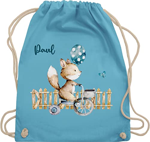 Turnbeutel Rucksack - Tiere - Süßer Fuchs Kinder - Unisize - Hellblau - kita baumwolle beutel kindergarten taschen personalisierte wechselwäsche wechselbeutel tieren stoff personalisierter von Geschenk mit Namen personalisiert by Shirtracer