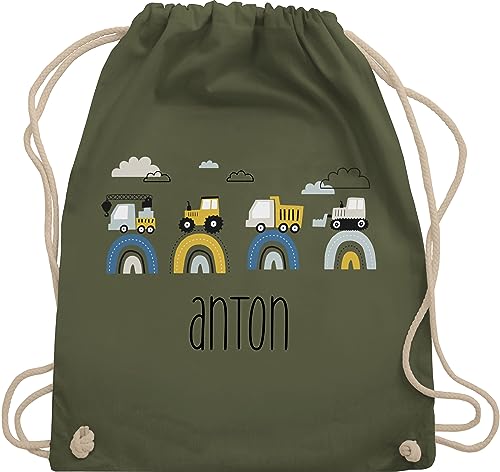 Turnbeutel Rucksack - Baustelle Traktor Bagger Kran Kipper LKW Planierraupe - Unisize - Olivgrün - personalisierter junge jungs tasche kindergarten name personalisierte wechselkleidung beutel von Geschenk mit Namen personalisiert by Shirtracer