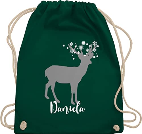 Turnbeutel Rucksack - Weihnachten Geschenke Christmas - Hirsch mit Schneeflocken und Name - Unisize - Dunkelgrün - weihnachtliche personalisierte weihnachts weinachts weihnachtsmotiv von Geschenk mit Namen personalisiert by Shirtracer