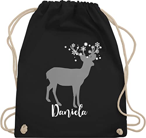 Turnbeutel Rucksack - Weihnachten Geschenke Christmas - Hirsch mit Schneeflocken und Name - Unisize - Schwarz - beutel weihnachts weihnacht weihnachtliche weihnachtsmotiven weihnachtsmotiv von Geschenk mit Namen personalisiert by Shirtracer