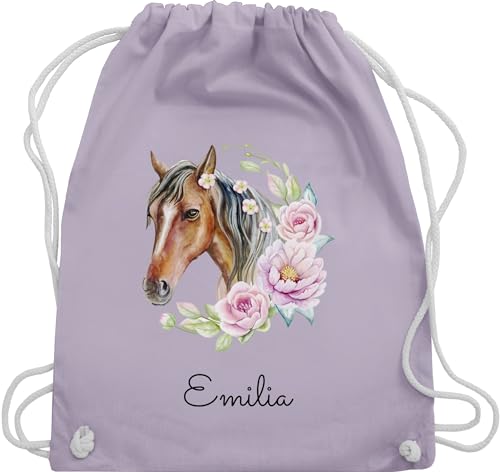 Turnbeutel Rucksack - Pferd Pferde - Wunschname Pferdekopf Name - Unisize - Pastell Lila - sportbeutel mädchen kindergarten geschenke für reiterinnen selbst bedrucken taschen baumwolle von Geschenk mit Namen personalisiert by Shirtracer