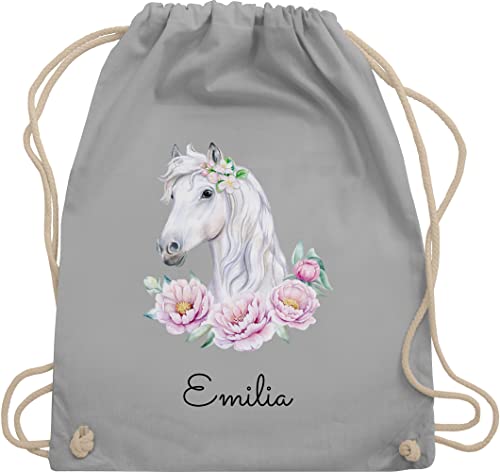 Turnbeutel Rucksack - Pferde - Pferdemotiv Pferdekopf Pferd Name - Unisize - Hellgrau - reit sachen kinderturnbeutel pferderucksack mädchen geschenke für pferdefans turnsäckchen kita beutel von Geschenk mit Namen personalisiert by Shirtracer