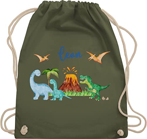 Turnbeutel Rucksack - Dinosaurier Dino Dinos - Unisize - Olivgrün - wechselsachen beutel kindergarten kinder jungen für die schule wechselkleidung baumwolle kita name tier einschulung sporttasche von Geschenk mit Namen personalisiert by Shirtracer