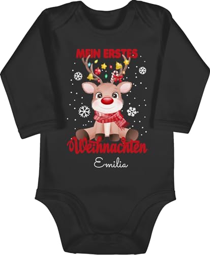 Baby Body langarm Mädchen Junge - Geschenke - Mein erstes Weihnachten - Wunschname - 6/12 Monate - Schwarz - langarmbody first christmas outfit name strampler babybody für und jungen bodys boddie von Geschenk mit Namen personalisiert by Shirtracer