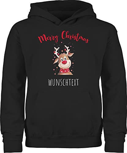 Kinder Hoodie Jungen Mädchen - Weihnachten Geschenke - Merry Christmas Rentier mit Sternen - 152 (12/13 Jahre) - Schwarz - personalisierte Weihnachts Pullover Name Junge Frohe Pulli von Geschenk mit Namen personalisiert by Shirtracer