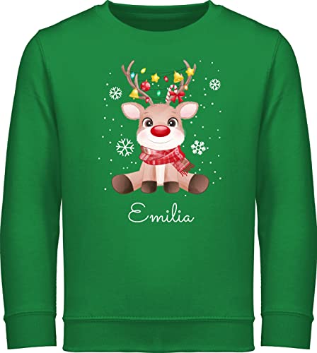 Sweater Kinder Sweatshirt Jungen Mädchen Pullover - Weihnachten Geschenke - Süßes Rentier mit Name Wunschtext - 152 (12/13 Jahre) - Grün - kinderpulli weinachts pullies weihnachtsmotiv Pulli von Geschenk mit Namen personalisiert by Shirtracer