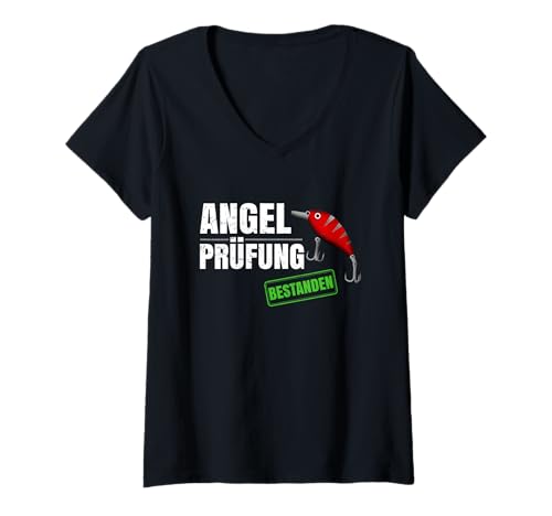 Damen Angelschein Fragen Angelprüfung Bestanden Wobbler Angler T-Shirt mit V-Ausschnitt von Geschenk zur Angelprüfung und Angelschein Fragen