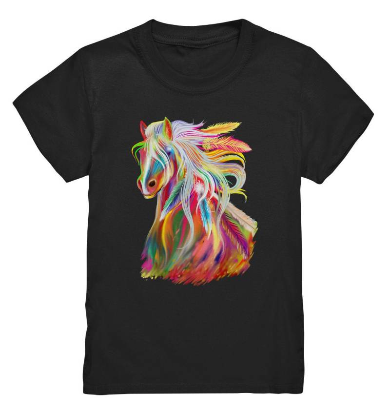 Reiten Buntes Pferd Reiterin Pony Pferde Feder T-Shirt Mädchen - Kinder Premium Shirt von GeschenkDesignsDE