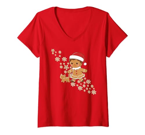 Damen Weihnachtsschneeflocken-Entwurf Niedlicher Lebkuchen T-Shirt mit V-Ausschnitt Damen Weihnachtsschneeflocken-Entwurf Niedlicher Lebkuchen T-Shirt mit V-Ausschnitt von Geschenkboutiquen für Weihnachtshäuser