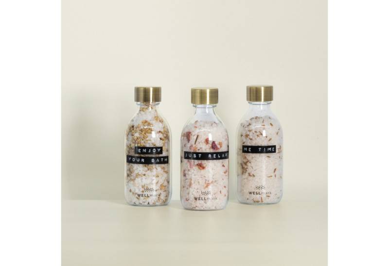 Geschenkbox Badesalz Badesalze, drei Glasflaschen à 200 ml, mit Duft: Rosen, Lavendel und Kamille von Geschenkbox