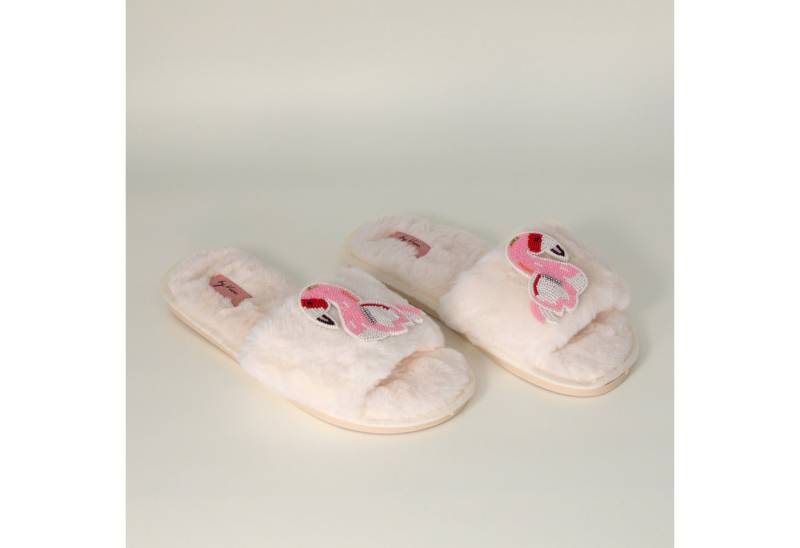 Geschenkbox Slipper Weiß mit Brosche Pink Flamingo, 38/39 Slipper (mit Brosche Pink Flamingo) mit Brosche Pink Flamingo von Geschenkbox