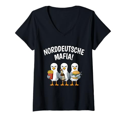 Damen Norddeutsche Mafia Möwen Norddeutschland Plattdeutsch Moin T-Shirt mit V-Ausschnitt von Geschenke, Norddeutscher Humor & Lustige Sprüche