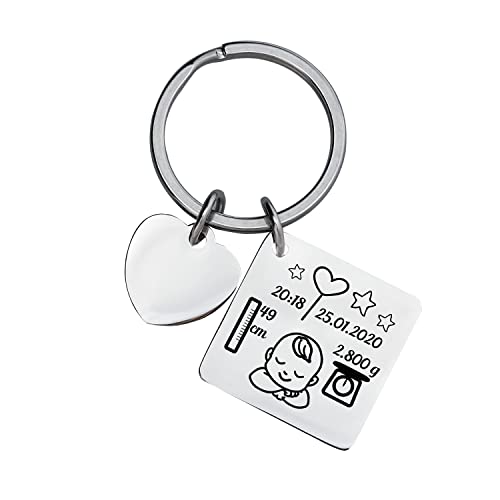 Geschenke 24 | Schlüsselanhänger personalisiert zur Geburt mit Herz (Silber - VS) | 25x25 mm | graviert mit Name, Datum, Uhrzeit, Größe und Gewicht | Taufe Junge, Mädchen | kleine Aufmerksamkeit von Geschenke 24